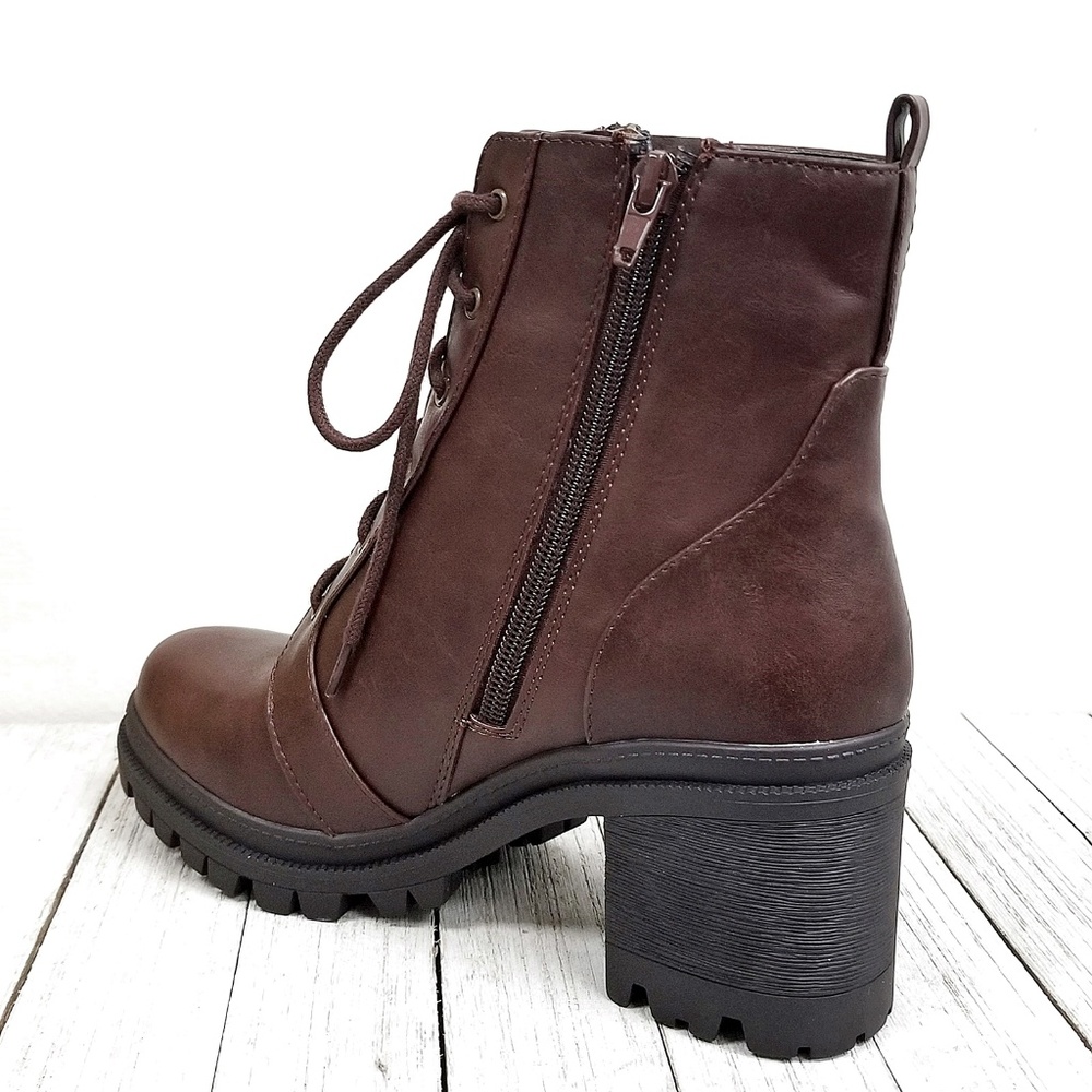 New Brown Combat Lace Up Lug Ankle Boots Booties - Picture 4 of 6